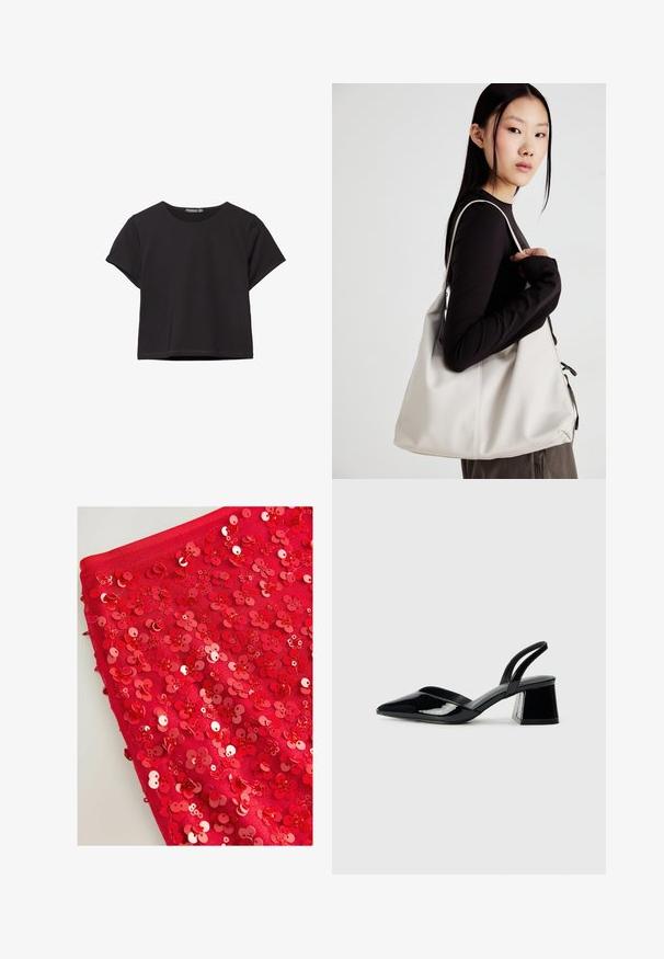 Črn kratki top s kratkimi rokavi, narejen iz mehkega materiala, z okroglo izrezom in sproščenim krojem ter čistim robom.; Rdeča tkanina, prekrito s sijočimi rdečimi bleščicami v obliki cvetov, z različnimi velikostmi in teksturami, ki ustvarjajo plasten izgled.; Črne lakirane slingback pete s koničastim nosom in geometrijsko blokasto peto. Imajo eleganten, minimalističen dizajn in gladko teksturo.; Bežna torbica iz mehkega materiala, z ohlapno zasnovo, šivi in dvema naramnicama. Primerna za vsakodnevno uporabo.