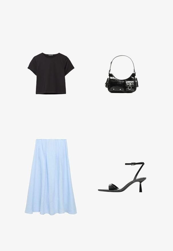 Črn kratki top s kratkimi rokavi, narejen iz mehkega materiala, z okroglo izrezom in sproščenim krojem ter čistim robom.; Svetlo modra, krilna dolžina A-linija iz lanu, ki ima plisee in gladko teksturo brez vzorcev ali okraskov.; Bershka Sandali z visoko peto - black; Črna lakasta usnjena torbica s ukrivljeno obliko, enim ramenskim trakom, sprednjimi žepi in srebrnimi kovinskimi dodatki.
