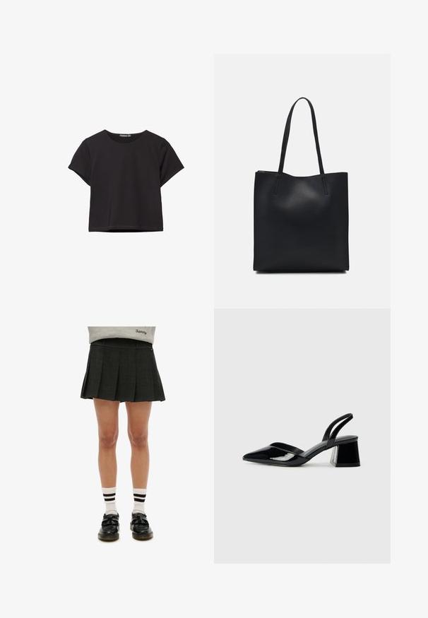 Top corto a maniche corte nero, realizzato in un tessuto morbido, con scollo rotondo e una vestibilità comoda con orlo pulito.; Gonna pieghettata nera con un motivo testurizzato, abbinata a calzini bianchi con righe nere e scarpe slip-on nere.; Décolleté in vernice nera con punta affusolata e tacco in geometria cubica. Presentano un design elegante e minimalista, con una texture liscia.; Borsa tote in pelle nera con texture liscia, forma rettangolare e due manici lunghi. Nessun hardware o decorazione visibile.