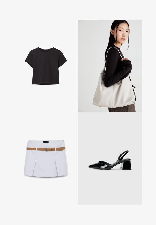 Schwarzes kurzärmliges Crop-Top aus weichem Stoff, mit rundem Halsausschnitt und einem lässigen Schnitt mit einem sauberen Saum.; Weißer Minirock mit Faltenwurf, einem braunen Kunstledergürtel und einem Reißverschluss auf der Rückseite. Markenschild "CALLIOPE" ist an der Taille sichtbar.; Schwarze Lackleder-Slingback-High Heels mit spitzem Schuh und einem geometrischen Blockabsatz. Verfügt über ein schlankes, minimalistisches Design und eine glatte Textur.; Beige Handtasche aus weichem Material, mit einem lässigen Design, gesteppten Details und zwei Schulterriemen. Geeignet für den täglichen Gebrauch.