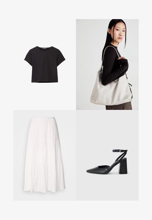 Crna kratka majica s kratkim rukavima izrađena od mekog materijala, s okruglim izrezom i opuštenim krojem te čistim rubom.; Bijela, višeslojna midi suknja s gumiranim pojasom, izrađena od mekog, laganog materijala s blagom naboranom teksturom.; Crne kožne cipele s špicastim vrhom, remenom oko gležnja i debelim potplatom. Ravna tekstura, elegantan dizajn i minimalistička estetika.; Bežna torba od mekog materijala s opuštenim dizajnom, šivanim detaljima i dva remena za rame. Pogodna za svakodnevnu upotrebu.