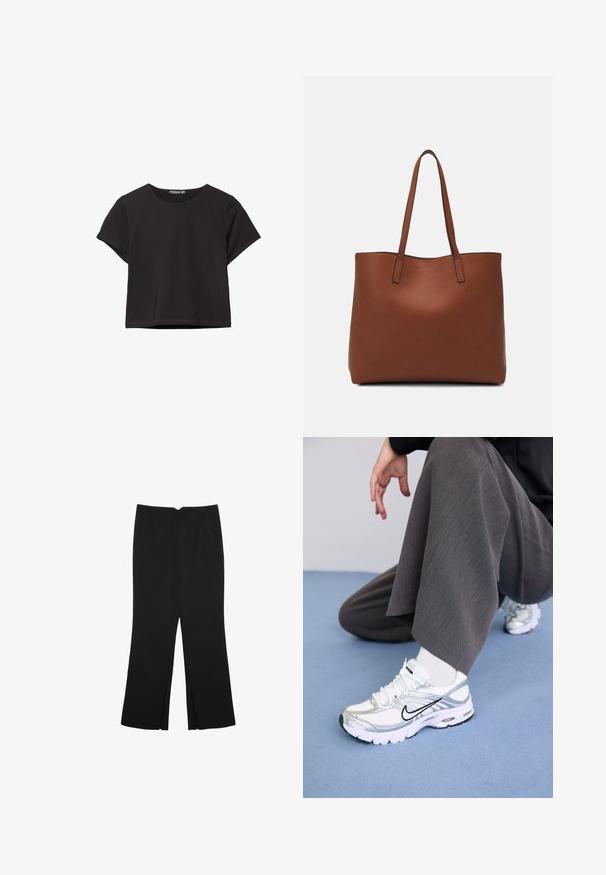 Čierny krátky rukáv crop top vyrobený z mäkkého materiálu, s okrúhlym výstrihom a vo voľnejšom strihu s čistým lemom.; Čierne nohavice so strihom rovného strihu, s prednými vreckami a bočnými rozparkami na leme. Vyrobené z mäkkej, hladkej tkaniny. Vhodné na rôzne príležitosti.; Biele a strieborné športové topánky s jemnou sieťovinou a syntetickými materiálmi, so čiernymi akcentmi, šnúrkami a textúrovanými podrážkami.; Hnedá kožená taška na rameno s hladkou textúrou, otvoreným vrchom a dvoma ramenými popruhmi. Má minimálne šitia a žiadne viditeľné kovania.