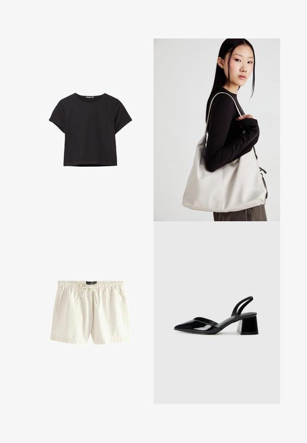 Czarny krótki top z krótkim rękawem wykonany z miękkiego materiału, z okrągłym dekoltem i luźnym krojem oraz czystą linią dołu.; Jasne kremowe szorty z pionowymi niebieskimi paskami, wykonane z miękkiego materiału, z elastycznym paskiem w talii z możliwością regulacji oraz bocznymi kieszeniami.; Czarne lakierowane półbuty na obcasie z wydłużonym noskiem i geometrycznym słupkiem. Charakteryzują się eleganckim, minimalistycznym designem oraz gładką fakturą.; Beżowa torebka wykonana z miękkiego materiału, charakteryzująca się luźnym fasonem, wyszywanymi detalami i dwoma uchwytami na ramię. Idealna na co dzień.