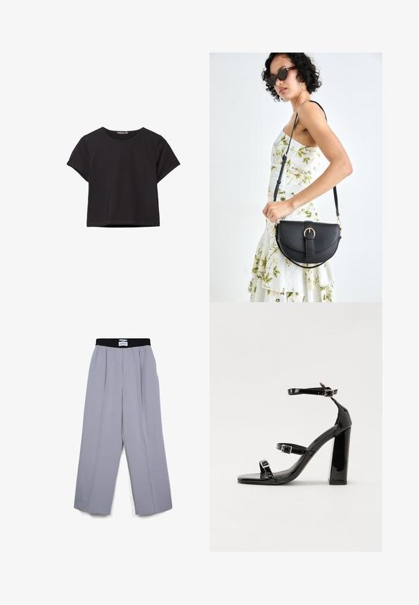 Black short-sleeve crop top made of soft fabric, featuring a round neckline and a relaxed fit with a clean hemline.; Light gray wide-leg pants with black elastic waistband and pleats, laid flat on white background.; Black patent heeled sandals with a square toe, ankle straps, and silver buckles. Features a chunky block heel for stability.; Black leather handbag with a curved shape, detachable strap, and gold hardware. The bag features a flap with a buckle detail.