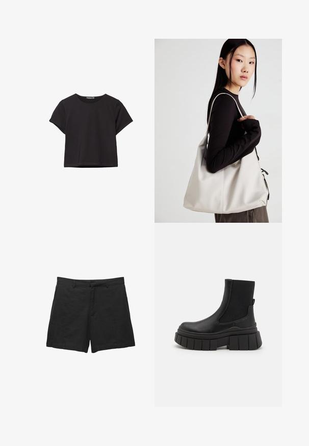 Czarny krótki top z krótkim rękawem wykonany z miękkiego materiału, z okrągłym dekoltem i luźnym krojem oraz czystą linią dołu.; Czarne lniane szorty o dopasowanym kroju, gładkim przodzie, z paskiem i kieszeniami po bokach. Gładka tekstura z wykończeniem na równo.; Czarne botki za kostkę wykonane z gładkiej skóry, z elastycznymi panelami bocznymi, masywną platformą i wzorzystym bieżnikiem.; Beżowa torebka wykonana z miękkiego materiału, charakteryzująca się luźnym fasonem, wyszywanymi detalami i dwoma uchwytami na ramię. Idealna na co dzień.