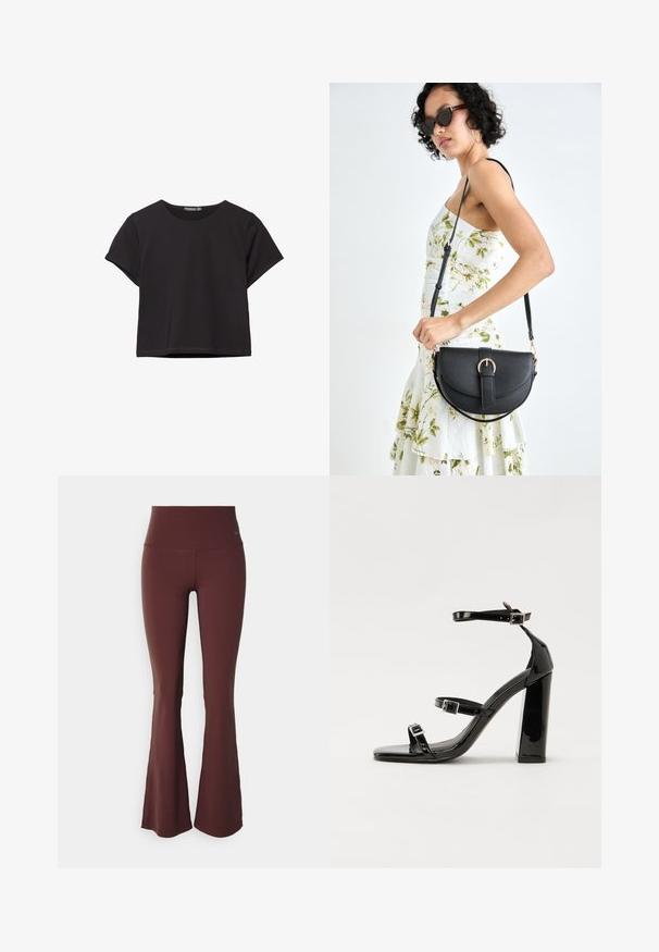 Zwart kort mouw crop top van zachte stof, met een ronde halslijn en een losse pasvorm met een nette zoom.; Bordeaux flared leggings met een hoge tailleband en soepel, rekbaar materiaal. Voorzien van een klein blauw logo aan de linkerbovenkant.; Zwarte patent lederen sandalen met hoge hakken, twee gespenbanden, een vierkante neus en een stevige blokhak, met een gladde, glanzende textuur.; Zwarte leren handtas met een gebogen vorm, afneembare schouderband en gouden hardware. De tas heeft een klep met een gespsluiting.