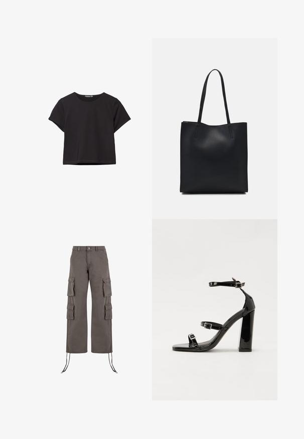 Čierny krátky rukáv crop top vyrobený z mäkkého materiálu, s okrúhlym výstrihom a vo voľnejšom strihu s čistým lemom.; Cargo nohavice v tmavo šedej farbe, vyrobené z odolnej tkaniny. Obsahujú šesť vreciek, široké nohavice a nastaviteľné šnúrky na leme.; Čierne lakované sandále na podpätku so štvorcovou špičkou, navlečenými remienkami okolo členku a striebornými prackami. Disponujú masívnym blokovým podpätkom pre stabilitu.; Čierna kožená taška na rameno s hladkým povrchom, obdĺžnikovým tvarom a dvoma dlhými uchami. Bez viditeľného kovania alebo ozdôb.