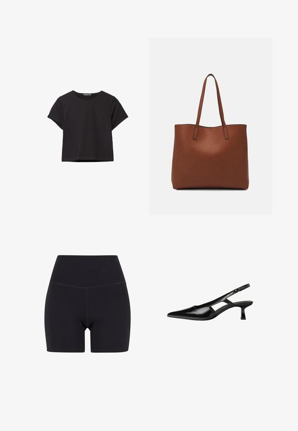 Czarny krótki top z krótkim rękawem wykonany z miękkiego materiału, z okrągłym dekoltem i luźnym krojem oraz czystą linią dołu.; Czarne szorty o wysokim stanie wykonane z elastycznego materiału. Posiadają elastyczny pas, gładką teksturę i długość do połowy uda, z bezszwowym wykończeniem.; Czarne lakierowane czółenka na odkrytej pięcie z wąskim noskiem, z wykrojem po bokach i małym kwadratowym obcasem. Gładka faktura z minimalnymi akcentami.; Brązowa skórzana torba tote o gładkiej fakturze, z otwartym wierzchem i dwoma ramiączkami. Charakteryzuje się minimalnym przeszyciem i brakiem widocznych elementów metalowych.