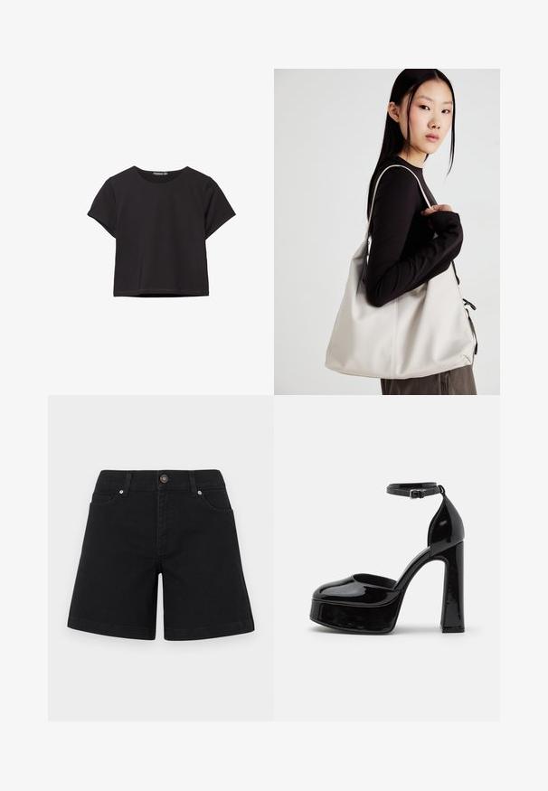 Musta lyhythihainen crop-top pehmeästä kankaasta, jossa on pyöreä kaula-aukko ja rento istuvuus siistillä helmalla.; Mustat farkkushortit, joissa on suora lahkeidesign, etutaskut ja nappisuljenta vyötäröllä. Sileä pinta ja minimalistinen tyyli.; Mustat lakatut korkokengät korokepohjalla, nilkkahihnalla, pyöreällä varvalla ja paksupohjaisilla korkoilla, jotka esittelevät sileää ja kiiltävää pintaa.; Beige laukku, joka on valmistettu pehmeästä materiaalista, ja siinä on rento muotoilu, ommeltu yksityiskohtia ja kaksi olkahihnaa. Sopii päivittäiseen käyttöön.