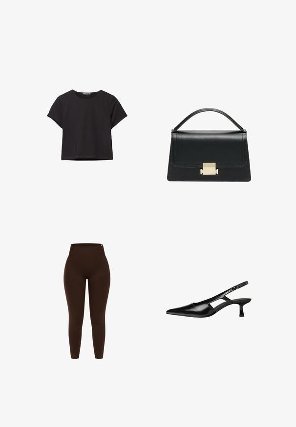 Top corto a maniche corte nero, realizzato in un tessuto morbido, con scollo rotondo e una vestibilità comoda con orlo pulito.; Leggings marroni a vita alta realizzati in materiale elasticizzato, con una texture liscia e un design aderenza, senza motivi o accessori visibili.; Tacchi slingback in pelle verniciata nera con punta affusolata, design con tagli laterali e tacco quadrato piccolo. Texture liscia con dettagli minimi.; Borsa a tracolla in pelle nera con design strutturato, manico superiore e dettaglio in metallo dorato sulla parte frontale. Texture liscia, cuciture minime.