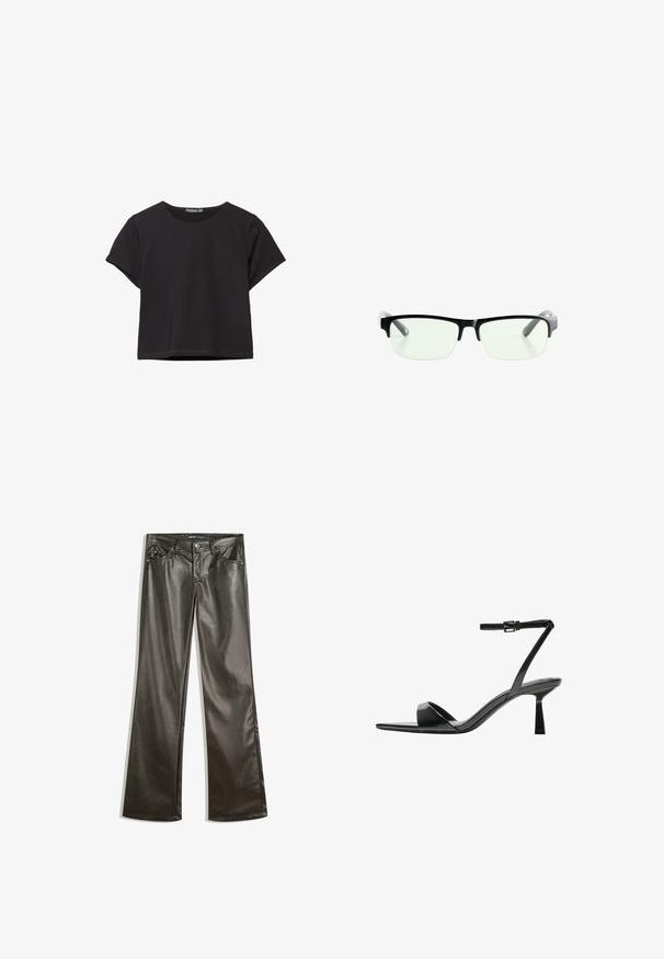 Črn kratki top s kratkimi rokavi, narejen iz mehkega materiala, z okroglo izrezom in sproščenim krojem ter čistim robom.; Temne hlače iz umetnega usnja straight-leg z sprednjimi žepi, zankami za pas in gumbom za zapiranje v pasu.; Bershka Sandali z visoko peto - black; Črne pravokotne očala z prozornimi lečami, ki imajo elegantne črne okvirje in siva prozorna ročaja. Minimalistična zasnova, brez vidne blagovne znamke.