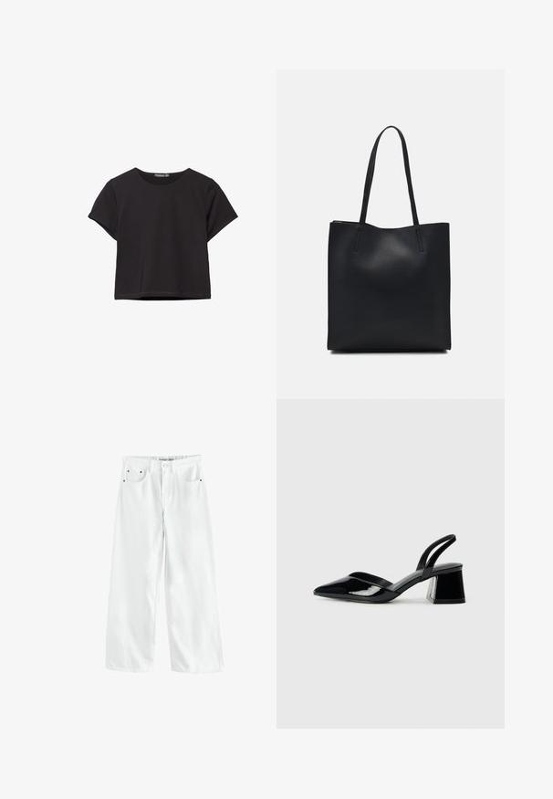 Musta lyhythihainen crop-top pehmeästä kankaasta, jossa on pyöreä kaula-aukko ja rento istuvuus siistillä helmalla.; Valkoiset, leveälahkeiset farkut korkea vyötärö, kaksi etutaskua ja hienovaraiset kullanväriset yksityiskohdat. Sileä pinta, rento malli.; Mustat patentoitu nahkakengät, joissa on säären takaosa ja terävä kärki, sekä geometrinen palikkakorko. Sisältää tyylikkään, minimalistisen muotoilun ja sileän pinnan.; Mustapahkainen kangaskassi, jossa on sileä pinta, suorakaiteen muotoinen ja kaksi pitkää kahvaa. Ei näkyvää metalliosaa tai koristeita.