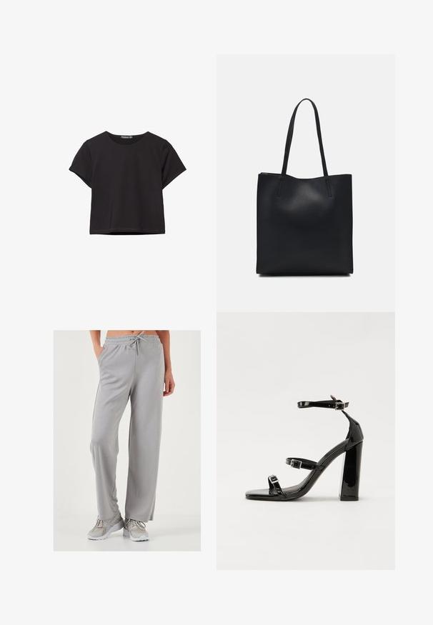 Schwarzes kurzärmliges Crop-Top aus weichem Stoff, mit rundem Halsausschnitt und einem lässigen Schnitt mit einem sauberen Saum.; Helle graue, weit geschnittene Sweatpants aus weichem, glattem Stoff; verfügen über einen elastischen Bund mit Kordelzug und seitlichen Taschen.; Schwarze patentierte Sandalen mit Absatz, quadratischer Spitze, Knöchelriemen und silbernen Schnallen. Mit einem stabilen Blockabsatz für mehr Stabilität.; Schwarze Laptoptasche aus Leder mit glatter Textur, rechteckiger Form und zwei langen Griffen. Keine sichtbaren Beschläge oder Verzierungen.