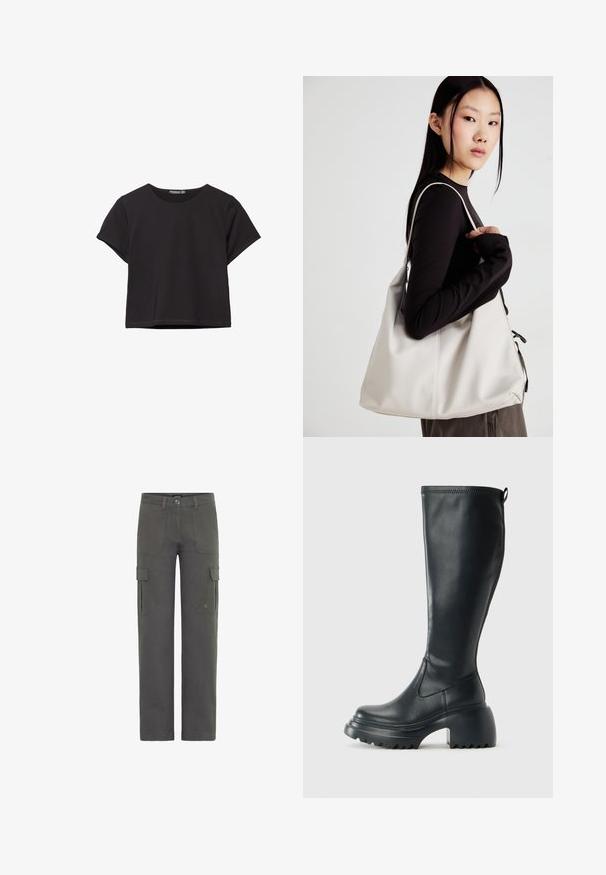 Svart kortärmad crop top i mjukt material, med rund halsringning och en avslappnad passform med en ren fåll.; Cargo-byxor i mörkgrå bomull med rak passform. Har två sidofickor och en knappstängning. Hållbart tyg med lätt struktur.; Höga svarta läderstövlar med kraftig plattformssula och blockklack, med dragflik och strukturerat mönster på yttersulan.; Beige handväska tillverkad av mjukt material, med en avslappnad design, sydda detaljer och två axelremmar. Lämplig för dagligt bruk.