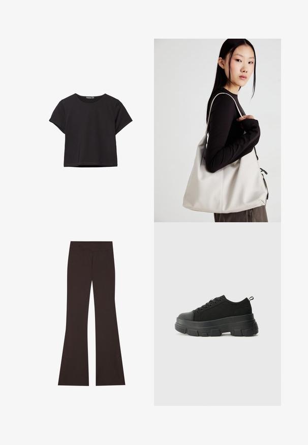 Top corto a maniche corte nero, realizzato in un tessuto morbido, con scollo rotondo e una vestibilità comoda con orlo pulito.; Pantaloni marroni a zampa d'elefante con vita alta, realizzati in materiale elasticizzato. Presentano fessure laterali all'orlo e cuciture piatte.; Sneaker nere con suola in gomma spessa, superiore in tessuto testurizzato, punta rotonda e design con lacci. Presenta occhielli rinforzati e linguetta sul retro.; Borsa a mano beige realizzata in materiale morbido, caratterizzata da un design morbido, dettagli cuciti e due manici. Adatta per l'uso quotidiano.