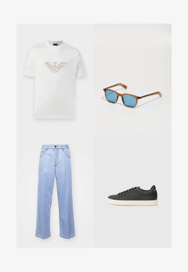 Baltas kokvilnas T-krekls ar īsām piedurknēm un apaļu kakla izgriezumu. Iekļaujas centrāls logo dizains rozā un brūnos toņos.; Gaiši zili džinsu bikses ar plašu kāju griezumu un augstu jostasvietu, ar priekšējām kabatām, pogu aizdari un taisnu apakšmalu. Visā virsmā gluda tekstūra.; Melna ādas kedas ar zemu profilu, noapaļotu purngalu un savelkamu aizdari; ar teksturētu gumijas zoli un logotipa detaļu uz papēža.; Brūnā plastmasas rāmja saulesbrilles ar ziliem stikliem, kvadrātveida forma, plānas kājas, teksturēti akcenti uz tempļiem un pulēta apdare.