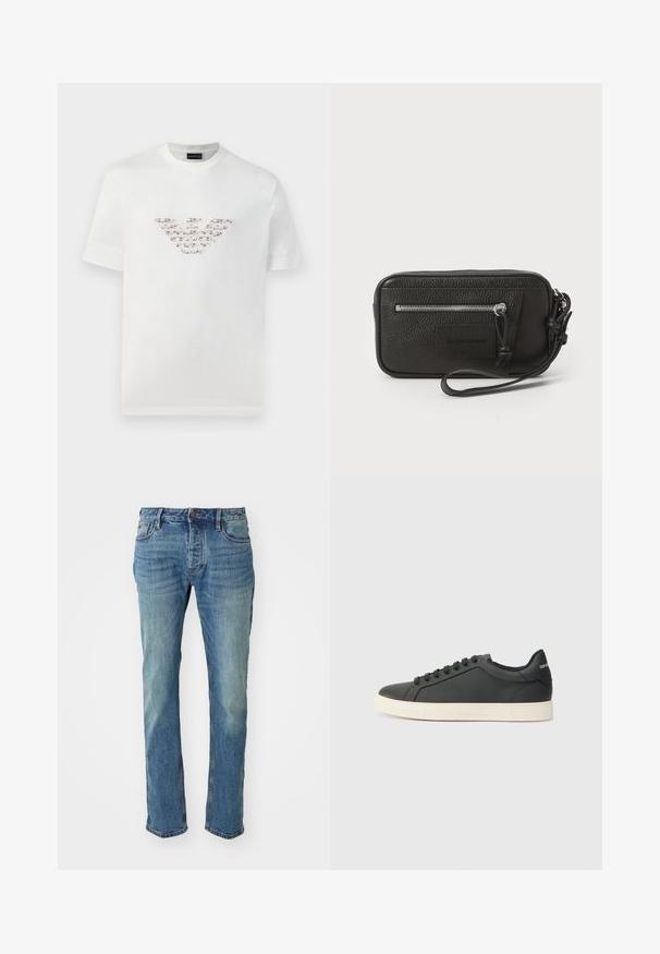 Bela bombažna majica s kratkimi rokavi in okroglo izrezom. Ima osrednji logotip v rožnati in rjavi barvi.; Moške modre jeans hlače s ravnim krojem, z lahkim pranjanjem, zasnovo petih žepov in kovinskim gumbom za zapiranje.; Črne usnjene superge z nizkim profilom, okroglo špičko in vezalkami; vsebujejo teksturiran gumijast podplat in detajl z logotipom na peti.; Črna usnjena torbica s teksturirano površino, sprednjim žepom z zadrgo in odstranljivo zapestnico. Ima logotip na sprednji strani. Pravokotna oblika.