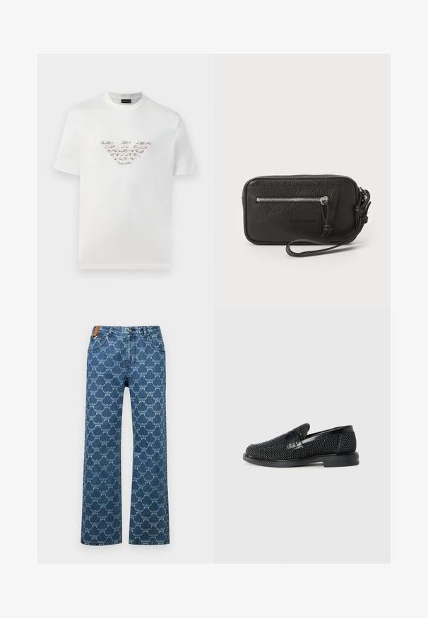 Valge puuvillane T-särk lühikeste varrukatega ja ringkaelusega. Omab keskmist logo kujundust roosa ja pruuni värvitoonis.; MCM DENIM - Avar lõikega teksad - indigo; Must musta kootud slip-on king, millel on pehme nahast accent ülaserval, ümmargune varvas ja madal profiiliga kummitald.; Must musta nahk-käekott tekstureeritud pinnaga, ees suure tõmblukuga tasku ja eemaldatav randmepael. Esiküljel on logo-patch. Ristkülikukujuline.