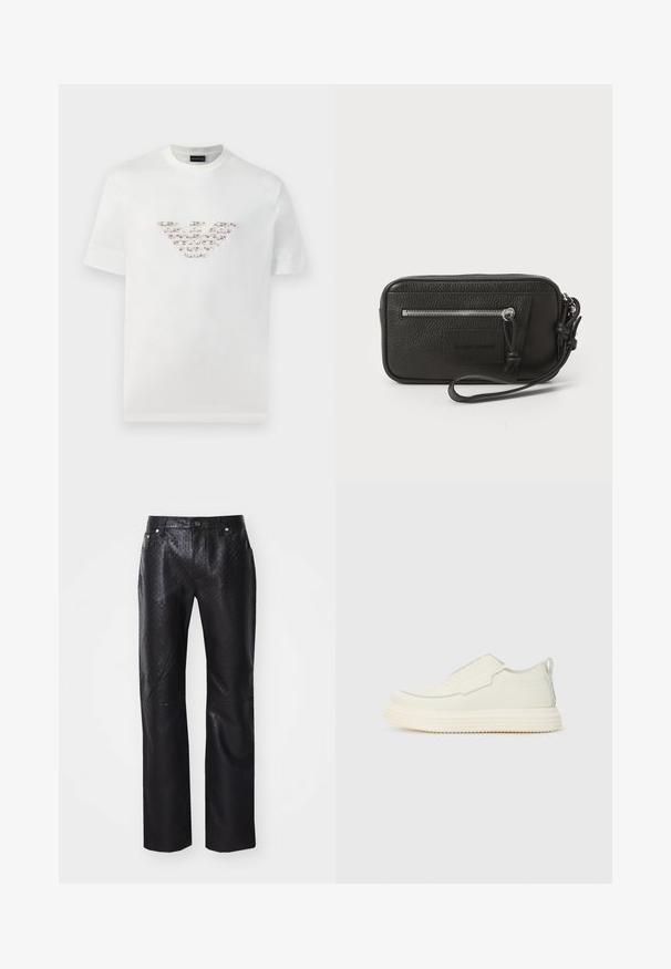 T-shirt blanc en coton à manches courtes et col rond. Présente un logo central dans des nuances de rose et de marron.; Pantalons noirs en matériau texturé avec un motif subtil. Design à jambe droite avec cinq poches et détails en métal.; Sneaker sans lacets en matériau texturé blanc cassé avec une semelle épaisse et rainurée. Présente des coutures minimales et un accent bleu clair subtil.; Pochette en cuir noir avec surface texturée, poche zippée à l'avant et poignée amovible. Présente un patch logo sur le devant. Forme rectangulaire.
