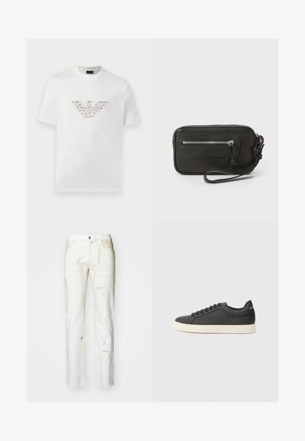 T-shirt blanc en coton à manches courtes et col rond. Présente un logo central dans des nuances de rose et de marron.; Jean en denim blanc avec une coupe droite. Présente des taches de peinture visibles, un zip et cinq poches. Texture douce avec un aspect légèrement usé.; Baskets en cuir noir avec un profil bas, bout rond et fermeture lacée ; elles présentent une semelle en caoutchouc texturée et un détail de logo au niveau du talon.; Pochette en cuir noir avec surface texturée, poche zippée à l'avant et poignée amovible. Présente un patch logo sur le devant. Forme rectangulaire.