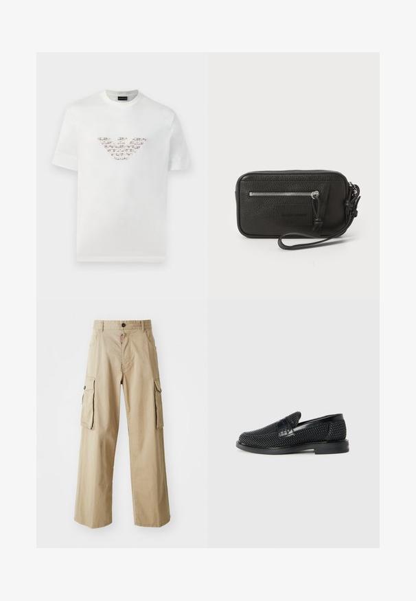 Valkoinen puuvillapaita lyhyillä hihoilla ja pyöreällä kaula-aukkolla. Sisältää keskitetyn logosuunnittelun vaaleanpunaisissa ja ruskeissa sävyissä.; Beige cargohousut, jotka on valmistettu puuvillasta. Ne ovat leveälahkeiset ja niissä on kaksi suurta sivutaskua sekä napp closure vyötäröllä.; Musta kudottu liukupohjallinen kenka, jossa on sileä nahkakorostus päällisessä, pyöreä kärki ja matala kumipohja.; Mustakotelo, jossa on tekstuuri, etupinossa vetoketjullinen tasku ja irrotettava ranneke. Edessä on logopatch. Suorakulmainen muoto.