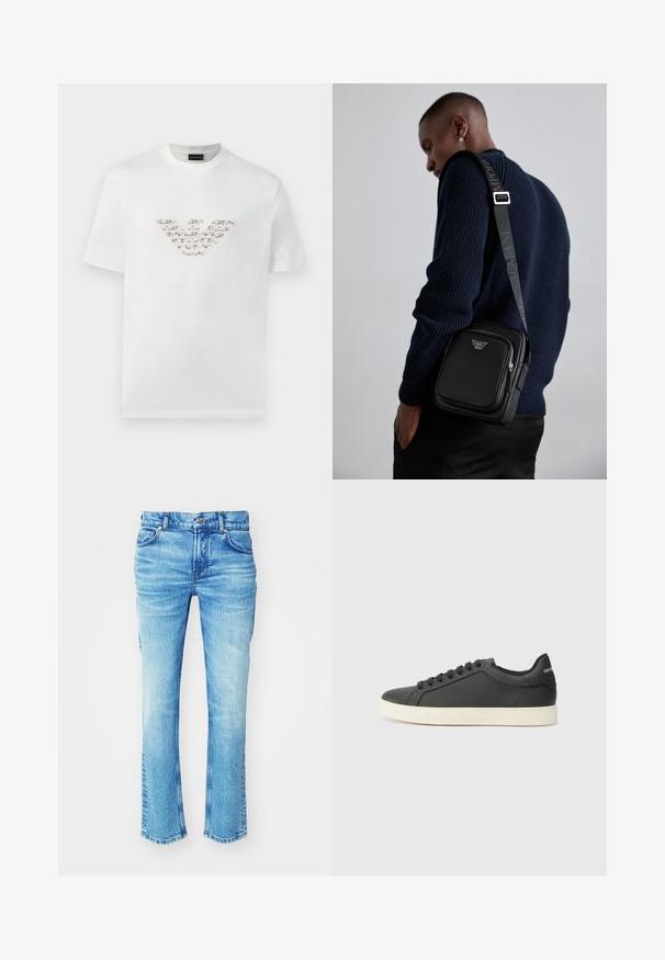 Hvit bomulls t-skjorte med korte ermer og rund hals. Har en sentral logo design i rosa og brune nyanser.; Blå denim jeans med en bleket vask, rett ben-design og rå kant. Har fem lommer og detaljer med metallknapper.; Svart skinnsneaker med lav profil, rund tå og snøring; har en teksturert gummisåle og logo-detalj på hælen.; Svart lær crossbody-veske med en glidelåslomme, logo-detalj og justerbar rem med merke. Båret mot en teksturert marineblå genser.
