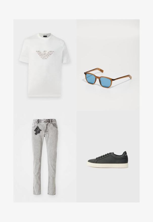 Balta medvilninė marškinė su trumpomis rankovėmis ir apvaliu iškirpimu. Savybėje yra centrinis logotipo dizainas rožių ir rudos spalvos atspalviuose.; Šviesiai pilki tiesaus kirpimo džinsai su užtrauktuku, penkiomis kišenėmis ir dekoratyvine juoda raktų pakabuko akcentu priekyje.; Juodos odinės sportinės bateliai su žemu profiliu, apvaliu pirštu ir raištelių uždarymu; turi tekstūruotą guminį padą ir logotipo detalę ant kulno.; Rudos plastikiniai akinių rėmeliai su mėlynomis lęšiais, kvadratinės formos, ploni nagučiai, tekstūruoti akcentai ant šventyklų ir blizgus paviršius.