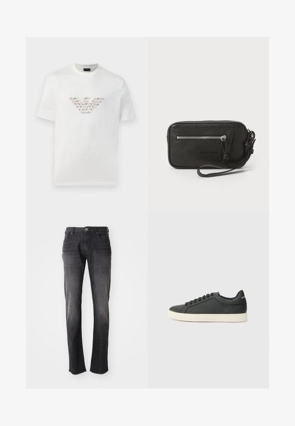 Baltas kokvilnas T-krekls ar īsām piedurknēm un apaļu kakla izgriezumu. Iekļaujas centrāls logo dizains rozā un brūnos toņos.; Tumši pelēkas džinsa bikses ar taisnu kāju piegriezumu, aprīkotas ar pogu rāvējslēdzēju, priekšējām kabatām un noplukušu tekstūru.; Melna ādas kedas ar zemu profilu, noapaļotu purngalu un savelkamu aizdari; ar teksturētu gumijas zoli un logotipa detaļu uz papēža.; Melnas ādas clutch soma ar teksturētu virsmu, priekšējo rāvējslēdzēja kabatu un noņemamu roku siksnu. Iekļauts logotipa uzlikums priekšpusē. Taisnstūra forma.