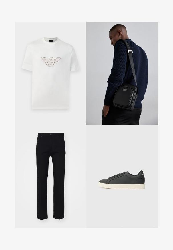 Valge puuvillane T-särk lühikeste varrukatega ja ringkaelusega. Omab keskmist logo kujundust roosa ja pruuni värvitoonis.; Mustast denimist valmistatud sirge jala disainiga teksad, viie taskuga, esise välikinnisega ja peente õmblusdetailidega. Sile tekstuur.; Mustmustest musta poolprofiiliga, ümmargune varvas ja paeltega sulgemine; omab tekstureeritud kummist tallat ja logo detaili kontsa peal.; Must mustast nahkrist kotti, millel on lukkudega sektsioon, logo detail ja bränditud reguleeritav rihm. Kanda tekstuurse tumesinise sviitri vastu.