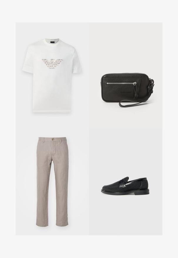 Valge puuvillane T-särk lühikeste varrukatega ja ringkaelusega. Omab keskmist logo kujundust roosa ja pruuni värvitoonis.; NN.07 THEO - Püksid - camel; Must musta kootud slip-on king, millel on pehme nahast accent ülaserval, ümmargune varvas ja madal profiiliga kummitald.; Must musta nahk-käekott tekstureeritud pinnaga, ees suure tõmblukuga tasku ja eemaldatav randmepael. Esiküljel on logo-patch. Ristkülikukujuline.