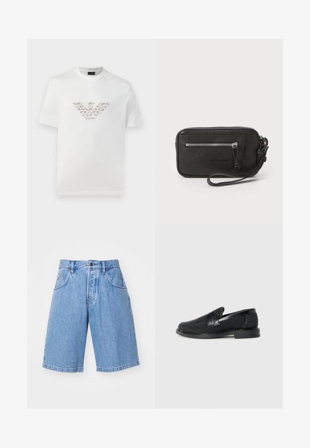 Bela bombažna majica s kratkimi rokavi in okroglo izrezom. Ima osrednji logotip v rožnati in rjavi barvi.; Svetlo modri jeans kratke hlače z ravnim krojem, dvema sprednjima žepoma in enim gumbom za zapiranje v pasu. Čista, enotna tekstura.; Črne pletene zavezane čevlje s gladkim usnjenim poudarkom na zgornjem delu, okroglo zasnovo nosu in nizkoprofilsko gumijasto podplat.; Črna usnjena torbica s teksturirano površino, sprednjim žepom z zadrgo in odstranljivo zapestnico. Ima logotip na sprednji strani. Pravokotna oblika.