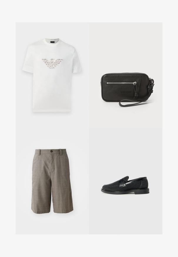 Weißes Baumwoll-T-Shirt mit kurzen Ärmeln und rundem Halsausschnitt. Verfügt über ein zentrales Logo-Design in Rosa- und Brauntönen.; Grau karierte Shorts mit einem taillierten Design, ausgestattet mit einem Frontknopfverschluss und zwei Seitentaschen. Hergestellt aus strukturiertem Stoff.; Schwarzer geflochtener Slipper mit einem glatten Lederakzent im Obermaterial, einem runden Zehendesign und einer flachen Gummisohle.; Schwarze Leder-Clutch mit strukturiertem Oberflächen, Vorderseite mit Reißverschlusstasche und abnehmbarem Handgelenkriemen. Fällt durch ein Logo-Patch auf der Vorderseite auf. Rechteckige Form.