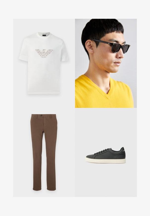 White cotton t-shirt with short sleeves and a crew neckline. Features a central logo design in pink and brown shades.; Brown cotton trousers with a straight-leg design, featuring a front zip and button closure, belt loops, and no visible patterns or accents.; Black leather sneaker with a low profile, rounded toe, and lace-up closure; features a textured rubber sole and logo detail on the heel.; Sunglasses with black frames and dark lenses. Notable details include small gold accents on the hinges and a rectangular shape.