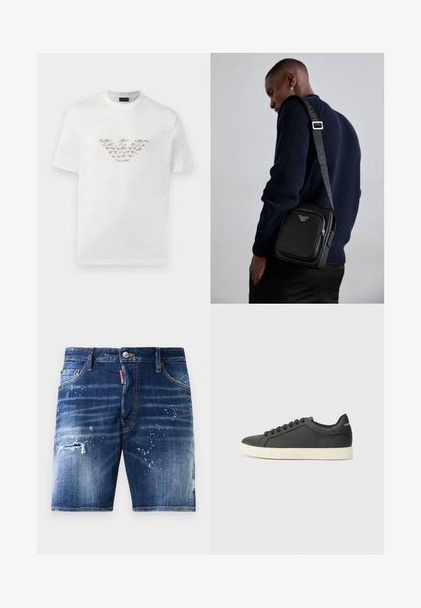 White cotton t-shirt with short sleeves and a crew neckline. Features a central logo design in pink and brown shades.; Denim shorts with a dark blue wash, featuring paint splatters, distressed areas, and a zipper fly with a metal button closure.; Black leather sneaker with a low profile, rounded toe, and lace-up closure; features a textured rubber sole and logo detail on the heel.; Black leather crossbody bag with a zippered compartment, logo detail, and a branded adjustable strap. Worn against a textured navy sweater.