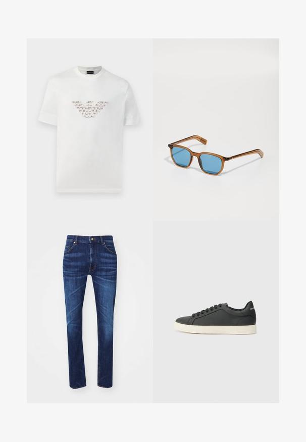 Baltas kokvilnas T-krekls ar īsām piedurknēm un apaļu kakla izgriezumu. Iekļaujas centrāls logo dizains rozā un brūnos toņos.; Tumši zili džinsi ar taisnu kāju dizainu, ap kuru ir pieci kabatas, kontrastējoša oranžā šuvuma un klasiskā metāla pogas aizdare.; Melna ādas kedas ar zemu profilu, noapaļotu purngalu un savelkamu aizdari; ar teksturētu gumijas zoli un logotipa detaļu uz papēža.; Brūnā plastmasas rāmja saulesbrilles ar ziliem stikliem, kvadrātveida forma, plānas kājas, teksturēti akcenti uz tempļiem un pulēta apdare.