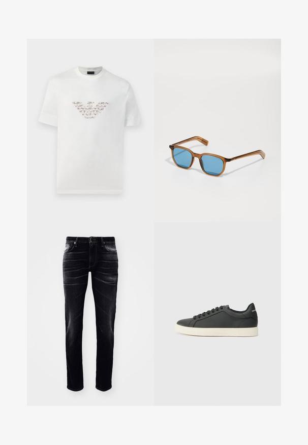 Balta medvilninė marškinė su trumpomis rankovėmis ir apvaliu iškirpimu. Savybėje yra centrinis logotipo dizainas rožių ir rudos spalvos atspalviuose.; Juodi džinsai su siauru kirpimu, turintys penkių kišenių dizainą, matomą siuvimą ir subtilų nusidėvėjimą palei kojas.; Juodos odinės sportinės bateliai su žemu profiliu, apvaliu pirštu ir raištelių uždarymu; turi tekstūruotą guminį padą ir logotipo detalę ant kulno.; Rudos plastikiniai akinių rėmeliai su mėlynomis lęšiais, kvadratinės formos, ploni nagučiai, tekstūruoti akcentai ant šventyklų ir blizgus paviršius.