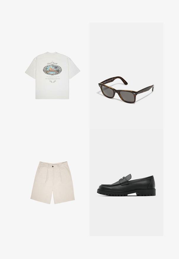 Weißes T-Shirt mit kurzen Ärmeln, das ein farbenfrohes Grafikdesign einer Urlaubsansicht mit Palmen zeigt, umrissen in Schwarz, mit dekorativem Text darunter.; Beige Shorts aus weichem Stoff, mit flacher Vorderseite und zwei Fältchen, Gürtelschlaufen und seitlichen Taschen. Einfache Knopfverschluss an der Taille.; Schwarze Lederloafer mit runder Zehenform, ausgestattet mit einem gesteppten Design, niedrigem Plattformsohle und einer strukturierten, genoppten Gummisohle.; Schildpatt-Sonnenbrille mit grauen Gläsern und quadratischem Rahmen, ausgestattet mit metallischen Akzenten an den Bügeln und einem Logo im Design.