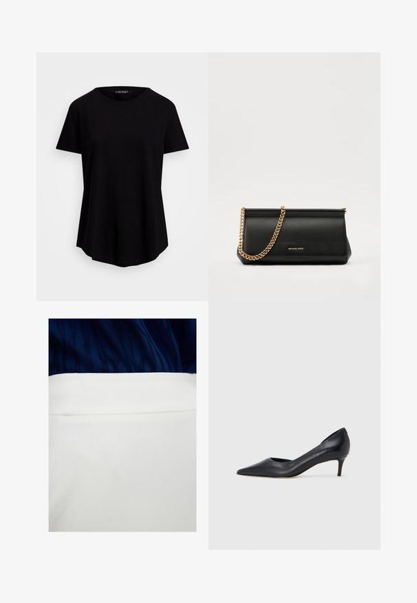 Schwarzes kurzärmliges T-Shirt aus weichem Stoff, mit Rundhalsausschnitt und lockerer Passform sowie leicht abgerundetem Saum.; adL WITH BACK ZIPPER - Bleistiftrock - beige; Schwarzer Pumps aus Leder mit spitzer Zehenpartie und niedrigem Absatz. Verfügt über eine glatte Textur und dezenten Glanz. Vordere Öffnung für ein zusätzliches Detail.; Schwarze Leder-Clutch mit einer goldenen Ketten-Trage, die eine glatte Oberfläche, rechteckige Form und geprägtes Branding auf der Vorderseite aufweist.