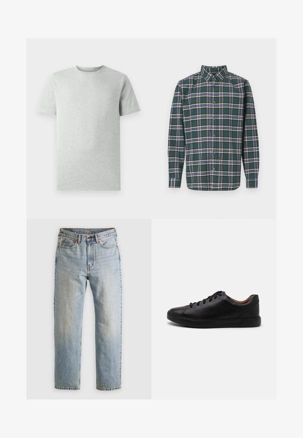 Egyszerű világosszürke, rövidujjú, kerek nyakú póló, fehér háttéren, elölnézetből, látható logók vagy minták nélkül.; Zöld flanel ing, kockás mintázattal, amely kék, fehér és mustár sárga vonalakból áll. Gombos elülső rész és hegyes gallér. Hosszú ujjak.; Világoskék farmernadrág magas derékkal, elülső gombbal, cipzárral és öt zsebbel, sima háttérre fektetve.; Fekete bőr sportcipő sima felülettel, kerek orral és hatlyukú fűzővel; fekete gumitalppal rendelkezik a tapadás érdekében.