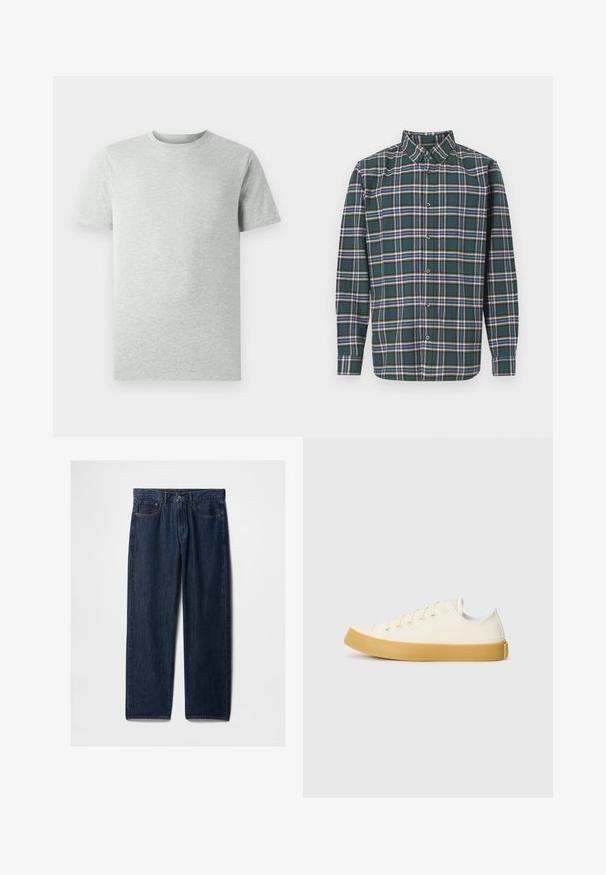 Camiseta de corte clásico de manga corta en gris claro liso, mostrada sobre un fondo blanco, vista frontal sin logotipos ni diseños visibles.; Camisa de franela verde con un patrón a cuadros que presenta líneas en azul, blanco y amarillo mostaza. Con botones en el frente y cuello puntiagudo. Mangas largas.; Vaqueros de mezclilla de pierna recta en azul oscuro con cinco bolsillos, cierre de cremallera y un patrón de costura clásico. Sin desgastes visibles ni adornos.; Zapatillas de lona en color blanco roto con punta redonda, que cuentan con suelas de goma beige y cinco ojetes para los cordones, acabado texturizado en la parte superior.