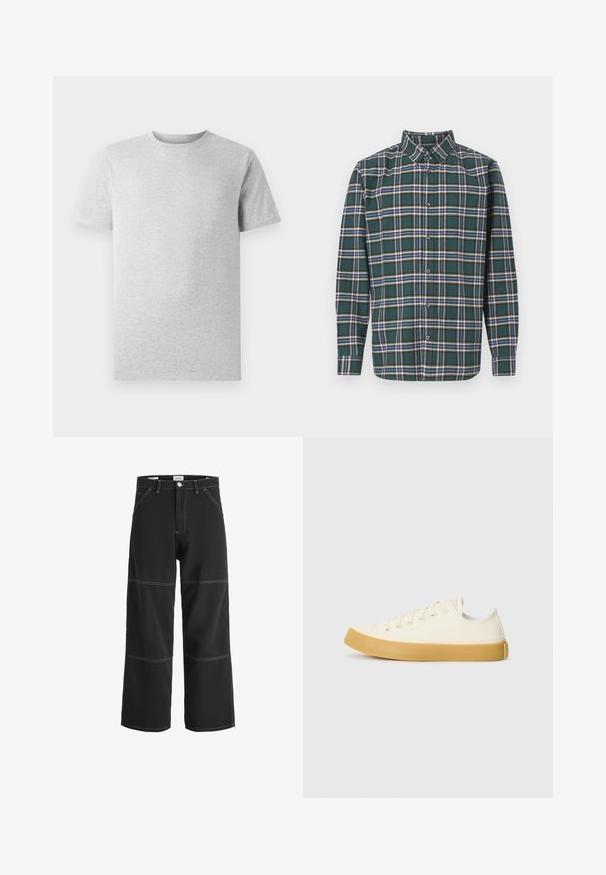 Ein einfarbiges, hellgraues T-Shirt mit kurzen Ärmeln und Rundhalsausschnitt, auf einem weißen Hintergrund, Frontansicht, ohne sichtbare Logos oder Designs.; Grünes Flanellhemd mit einem Karo-Muster, das blaue, weiße und senfgelbe Linien aufweist. Mit Knopfleiste und spitzem Kragen. Lange Ärmel.; Schwarze, weit geschnittene Hosen aus strapazierfähigem Stoff, mit kontrastierenden weißen Nähten, zwei Fronttaschen und einem einknopfigen Bundverschluss.; Leinensneaker in Off-White mit runder Zehenpartie, ausgestattet mit beigen Gummisohlen und fünf Ösen für Schnürsenkel, mit strukturiertem Finish auf dem Obermaterial.