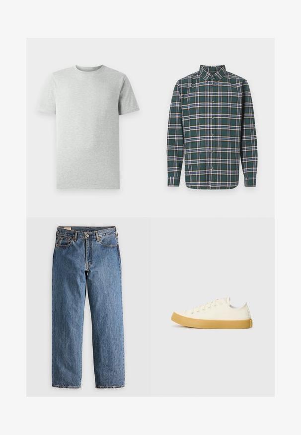 Enostavna svetlosiva kratka majica s kratkimi rokavi in krožnim ovratnikom, prikazana na belem ozadju, sprednji pogled brez vidnih logotipov ali vzorcev.; Zeleni flanelast srajc s karirastim vzorcem, ki vsebuje modre, bele in gorčične rumene črte. Z gumbi zapnjen sprednji del in usmerjen ovratnik. Dolgi rokavi.; Modre kavbojke ravnega kroja z visokim pasom, zachtenimi bakrenimi zakovicami in oranžnim šivom. Vključeni so sprednji in zadnji žepi.; Platnene superge v off-white barvi z okroglim nosom, z bež gumijastimi podplati in petimi odprtinami za vezalke, z zrnato površino na zgornjem delu.