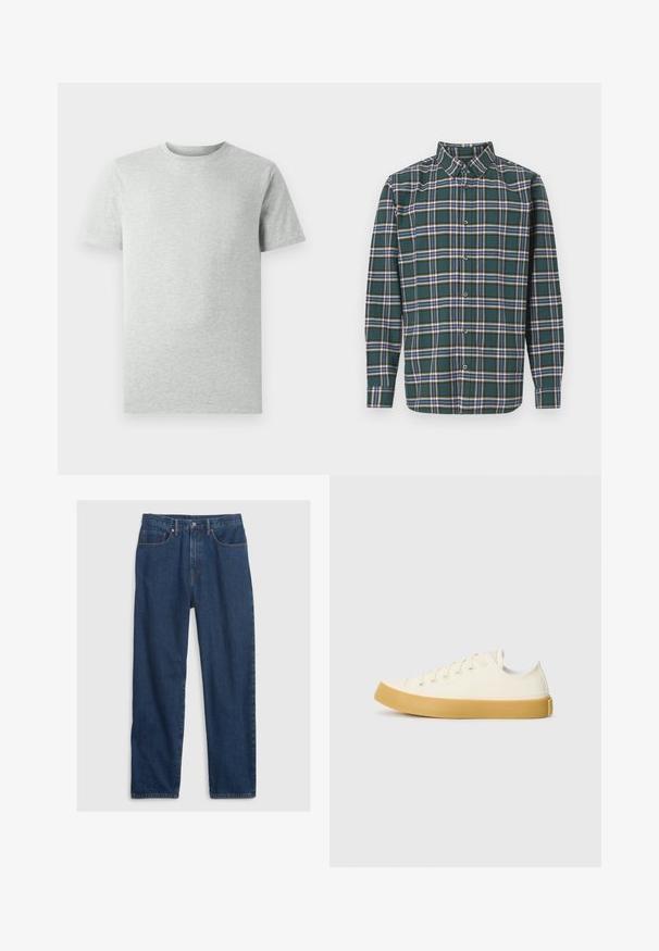 Enostavna svetlosiva kratka majica s kratkimi rokavi in krožnim ovratnikom, prikazana na belem ozadju, sprednji pogled brez vidnih logotipov ali vzorcev.; Zeleni flanelast srajc s karirastim vzorcem, ki vsebuje modre, bele in gorčične rumene črte. Z gumbi zapnjen sprednji del in usmerjen ovratnik. Dolgi rokavi.; Temne modre denim hlače s ravnim krojem, z zasnovo petih žepov, zgornjim gumbom in bakrenimi zakovicami.; Platnene superge v off-white barvi z okroglim nosom, z bež gumijastimi podplati in petimi odprtinami za vezalke, z zrnato površino na zgornjem delu.