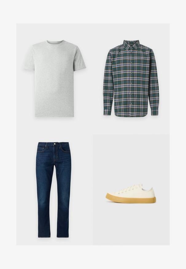 En enkel ljusgrå kortärmad T-shirt med rund hals visad mot en vit bakgrund, framifrån utan synliga logotyper eller mönster.; Grön flanellskjorta med ett rutmönster som har blå, vita och senapsgula ränder. Knäppt fram och spetsig krage. Långa ärmar.; Mörkblå denimjeans med rak benstruktur. Funktioner inkluderar kontrasterande sömmar, fem fickor och en knappstängning fram.; Canvas sneakers i off-white med rund tå, med beige gummisulor och fem öglor för snören, texturerad finish på ovandelen.