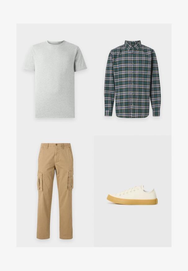 Lys grå kortermet T-skjorte med rund hals vist på hvit bakgrunn, frontvinkel uten synlige logoer eller design.; Grønn flanellskjorte med rutete mønster som har blå, hvite og sennepsgule linjer. Knapper foran og spiss krage. Lange ermer.; Beige cargo bukser med to sidelommer, knaplukning, lige ben design og et blødt, struktureret stof.; Canvas sneakers i off-white med rund tå, med beige gummisåler og fem hull for lisser, strukturert finish på overdelen.