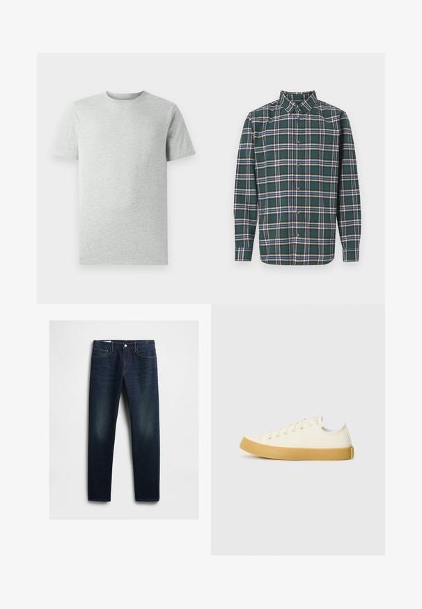 Šviesiai pilka trumpomis rankovėmis marškinėliai su apvaliu kaklu, pristatyti baltoje fone, matomi iš priekio, be jokių matomų logotipų ar dizaino.; Žalias flanelinis marškinis, puoštas plaidiniu raštu su mėlynomis, baltomis ir garstyčių geltonumo linijomis. Mygtukais užsegama priekinė dalis ir smailas apykaklė. Ilgos rankovės.; Tamsiai mėlyni džinsai su tiesiu kirpimu, turintys penkis kišenes, mygtukinę sagtį ir subtilų išblukimą ant šlaunų. Klasikiniai siuvinėjimo detalės.; Oficio drobės sneakeriai baltai kreminės spalvos, su apvaliu galiuku, su smėlio spalvos guminiais padais ir penkiomis skylėmis raištams, turintys tekstūruotą viršutinę dalį.