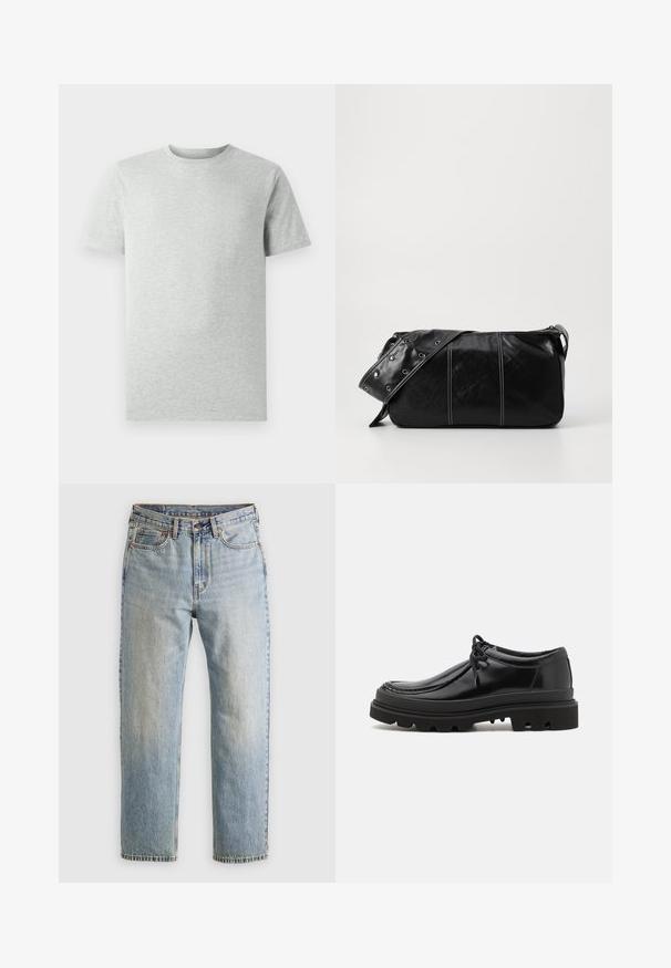 Maglietta a maniche corte grigia chiara, girocollo, mostrata su uno sfondo bianco, vista frontale senza loghi o design visibili.; Jeans in denim azzurro chiaro con vita alta, bottone anteriore, cerniera e design a cinque tasche, adagiati su uno sfondo neutro.; Scarpe derby in pelle nera con un design elegante, punta arrotondata e suola in gomma texturizzata con profonde scanalature per una presa migliore.; Borsa a spalla in pelle nera con chiusura a zip, caratterizzata da un corpo testurizzato, cuciture bianche e una tracolla con occhielli in argento.