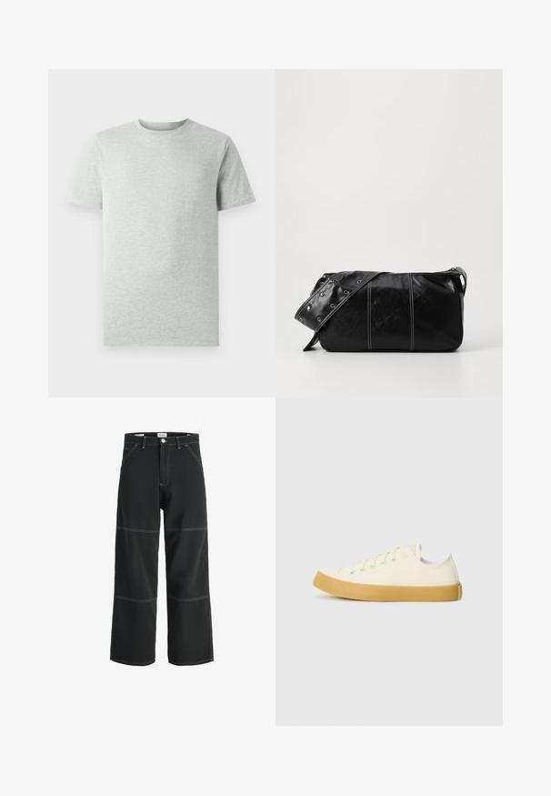 En simpel lys grå kortærmet T-shirt med rund hals, vist på en hvid baggrund, set foran uden synlige logoer eller designs.; Sort brede bukser lavet af slidstærkt stof, med kontrasterende hvid syning, to forlommer og en enkelt knaplukning i taljen.; Læder sneakers i off-white med rund tå, der har beige gummisåler og fem øjer til snørebånd, struktureret finish på overdelen.; Sort læder skuldertaske med lynlås, der har en tekstureret overflade, hvid syning og en rem med sølvøskner.
