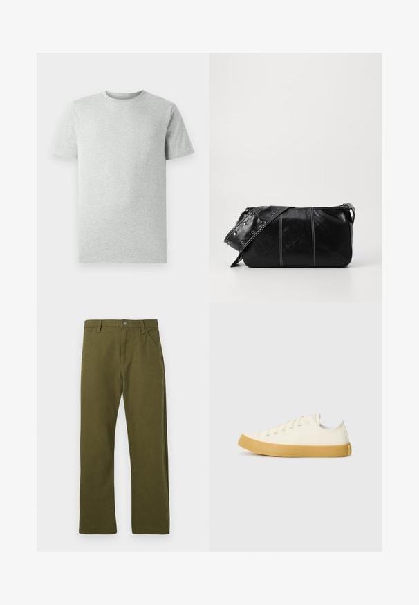 Plain light gray short-sleeve crew neck T-shirt displayed on a white background, front view with no visible logos or designs.; Green cotton trousers with a straight cut, featuring a front pocket design, a metal button closure, and subtle stitching details.; Canvas sneakers in off-white with a round toe, featuring beige rubber soles and five eyelets for laces, textured finish on the upper.; Black leather shoulder bag with a zip closure, featuring a textured body, white stitching, and a strap with silver grommets.