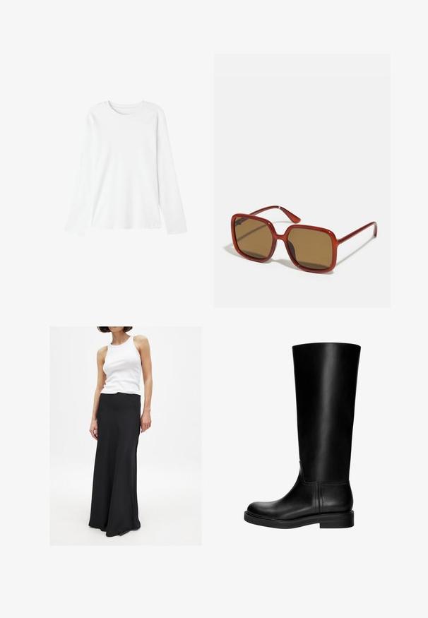 Langsleeve T-shirt van witte katoen. Ontwerp met ronde hals, zachte textuur en geen zichtbare patronen of graphics. Casual pasvorm met rechte snit.; Zwarte maxirok van gladde stof, met een fitted taille en een lichte flare naar de zoom toe. Gecombineerd met een witte tanktop.; Zwarte leren kniehoogte laars met een gladde textuur, ronde neus, ingetogen design en een lage blokhak. Geen zichtbare hardware of patronen.; Rode vierkante zonnebril met bruin getinte lenzen. Dikke, glanzende monturen en slanke armen met kleine details aan de zijkant voor visuele interesse.